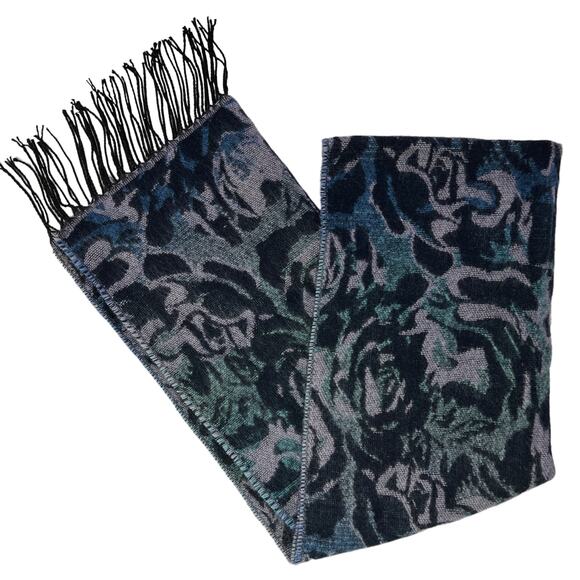 Steve Madden Blue Multi Floral Scarf Raw Edge Tassel L75" X W21"  Fringe 4" - Picture 2 of 12